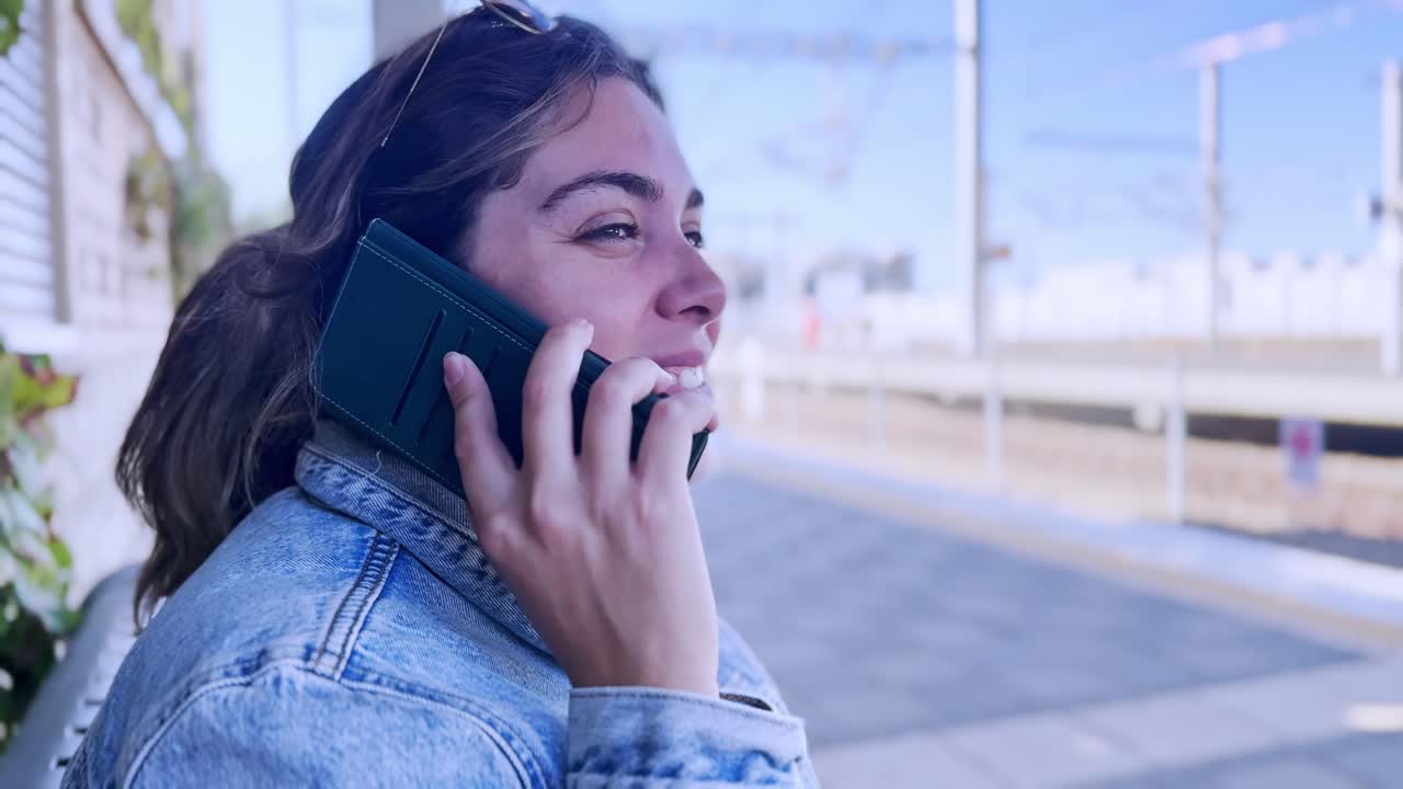 A Young Woman's Pleasant Phone Call While Waiting for a Train