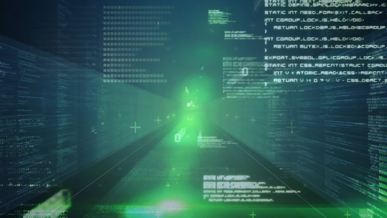Opening corridor sending green beam, code panels, bits and pluses sliding inward for streaming data