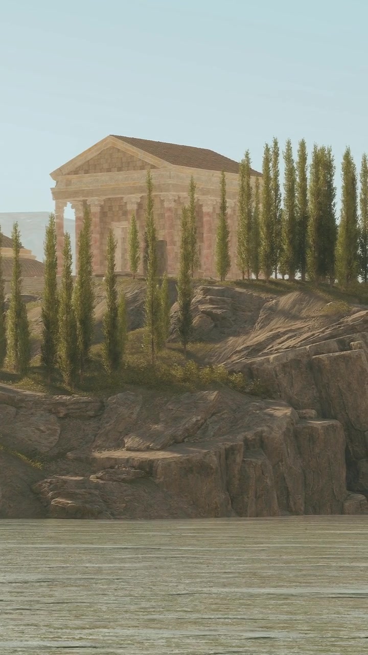 Templo histórico en una orilla rocosa junto a aguas tranquilas durante el día