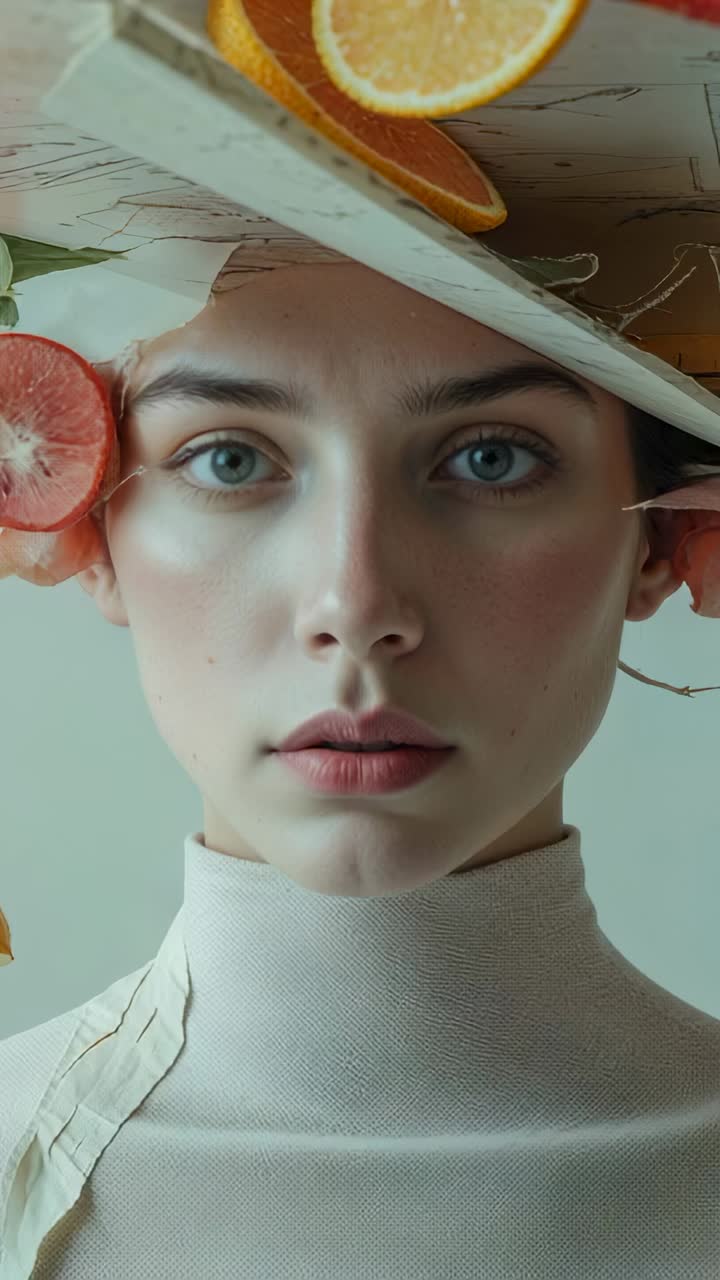 Vertical video: Opening shot model blinking and tilting headpiece revealing citrus fruits in studio