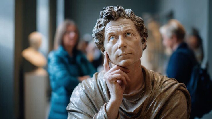 The Contemplative Sculpture: A Thoughtful Marble Figure Gazing Upwards in a Museum Setting Surrounded by Subtle Background Activity and Human Presence