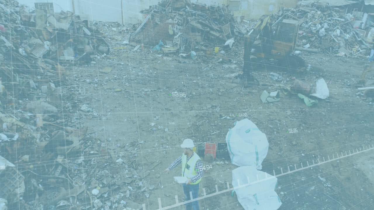쓰레기장에서 일하는 남성 노동자의 공중 사진에 대한 통계 데이터 처리의 애니메이션