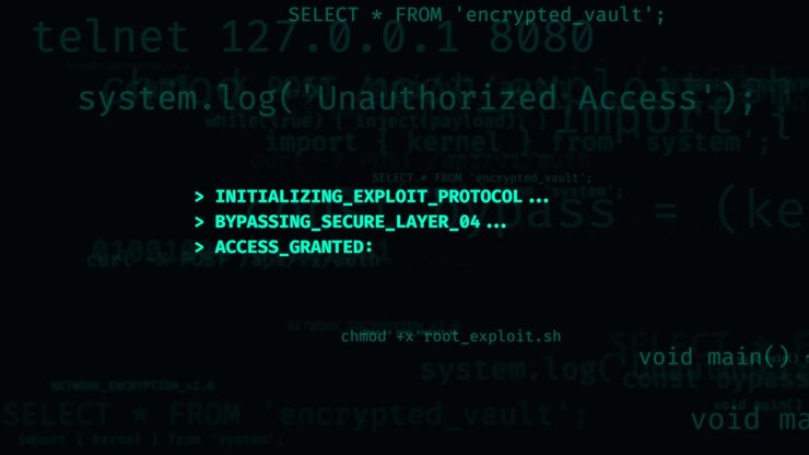 Terminale del computer che mostra codice di hacking e accesso al sistema