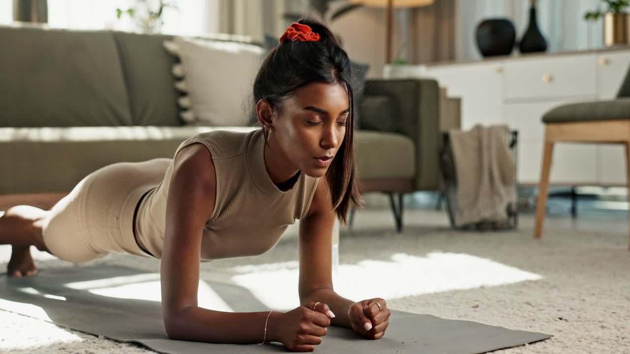 Fitness, Indian woman or plank exercise in house