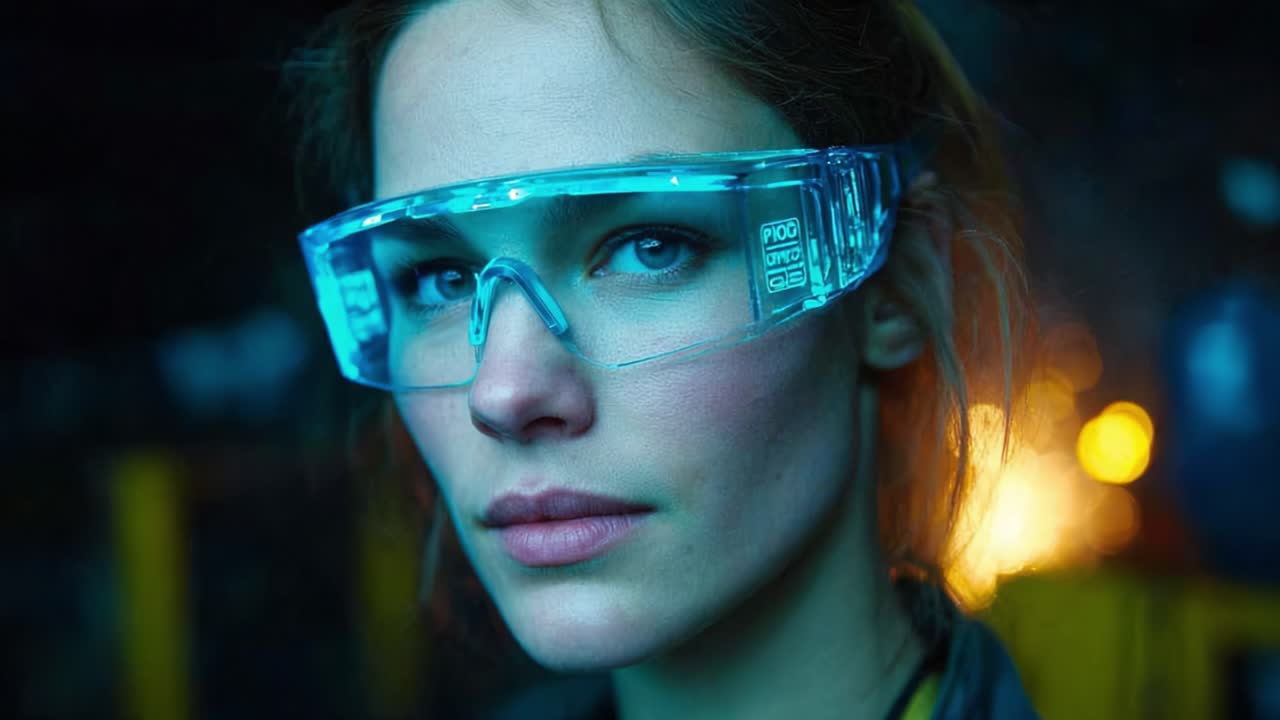 A Dynamic Portrait of a Woman Wearing Futuristic Safety Glasses, Emphasizing Bold Features and a Captivating Gaze Amidst an Industrial Background
