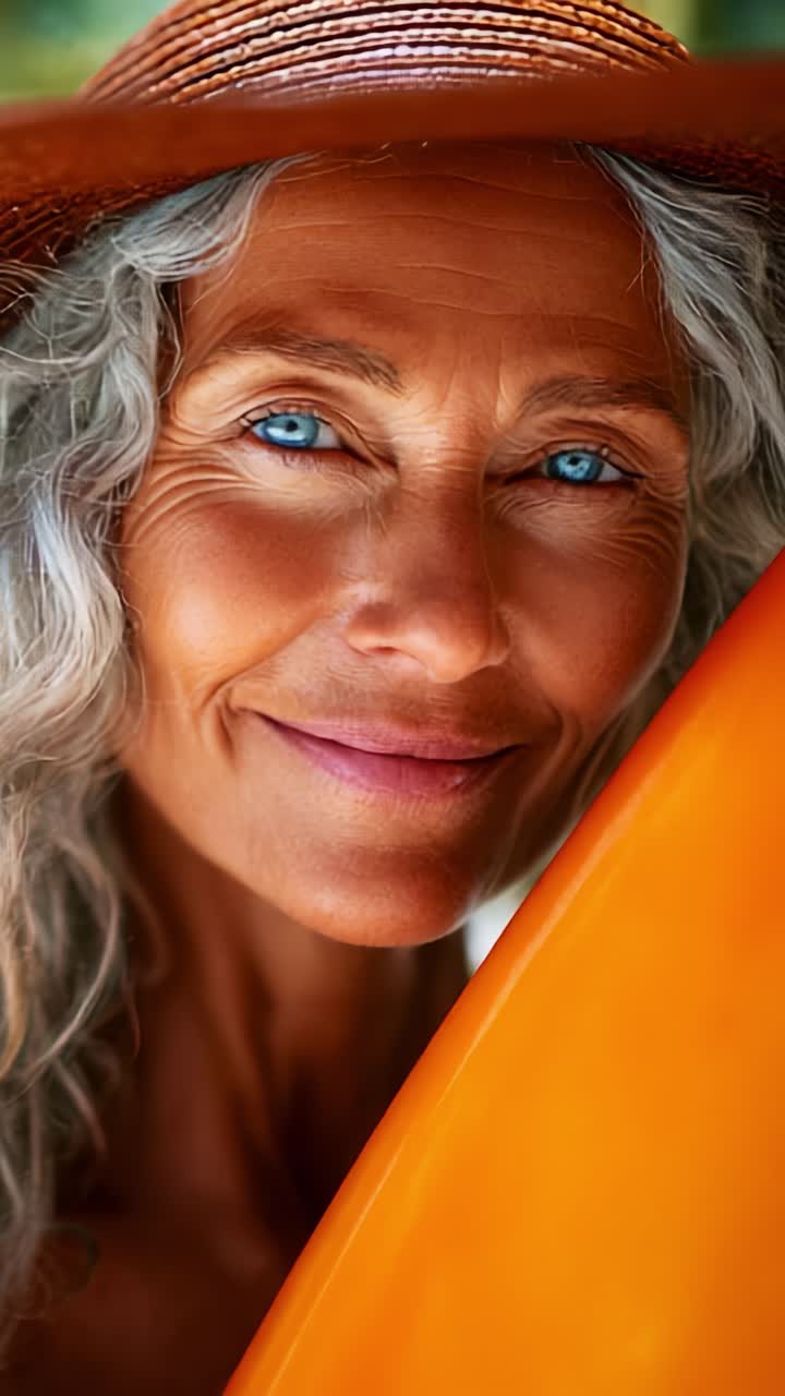 A radiant woman with flowing silver hair, bright blue eyes, and a captivating smile poses with an eye-catching orange surfboard, exuding warmth and confidence