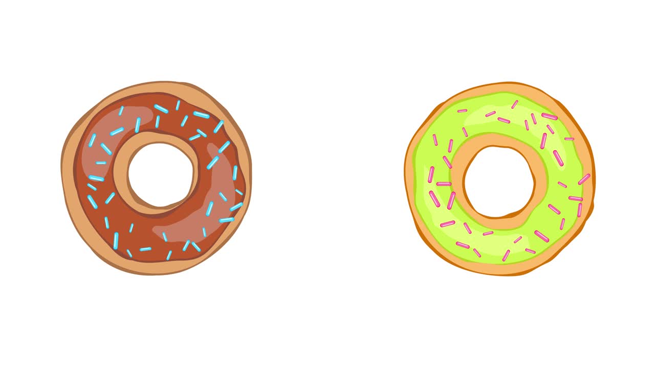 animación patrón de bucle sin costuras coloridas rosquillas rojas. rosquilla con glaseado salpicado de granos. diseño para su anuncio, diseños de vacaciones, fiesta, cumpleaños, invitación. animación gráfica de video 4k