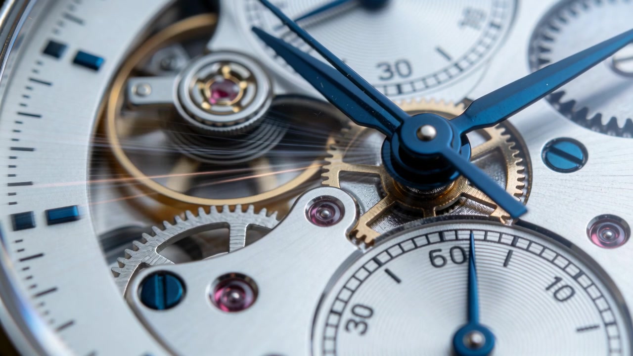 Showing watch dial moving from rest at bench balance wheel oscillating gears turning blued hands