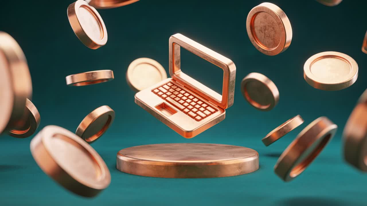 Elegante laptop color oro rosa sospeso che ondeggia sopra un piedistallo rotondo all'avvio, con monete che orbitano per la visualizzazione