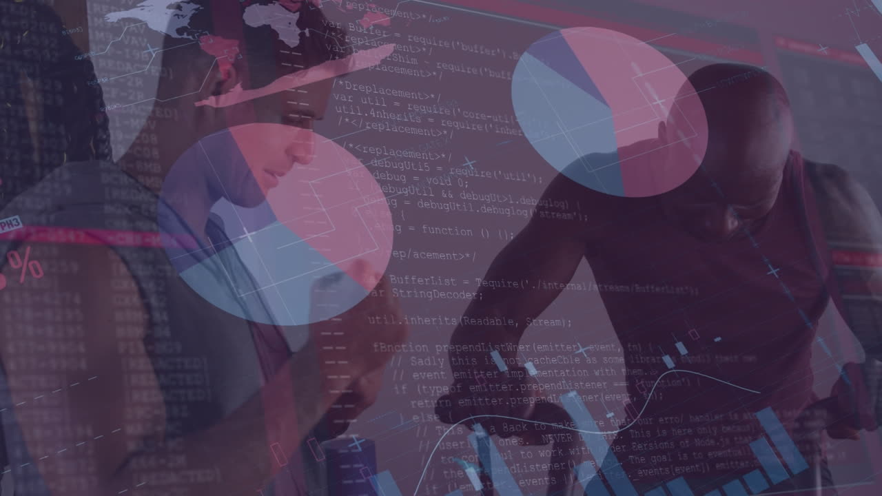 아프리카계 미국인 스포츠맨이 코치와 함께 운동하는 데이터 처리의 애니메이션