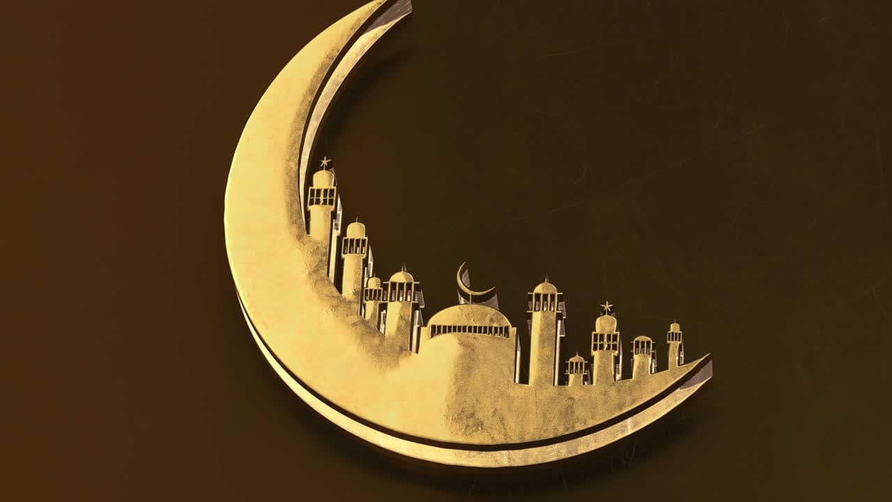 rendering 3d, animación de ramadán kareem con mezquita de luna dorada en fondo de color oro de sombra ligera. diseño para tarjeta de saludos, cartel, pancarta, invitación.