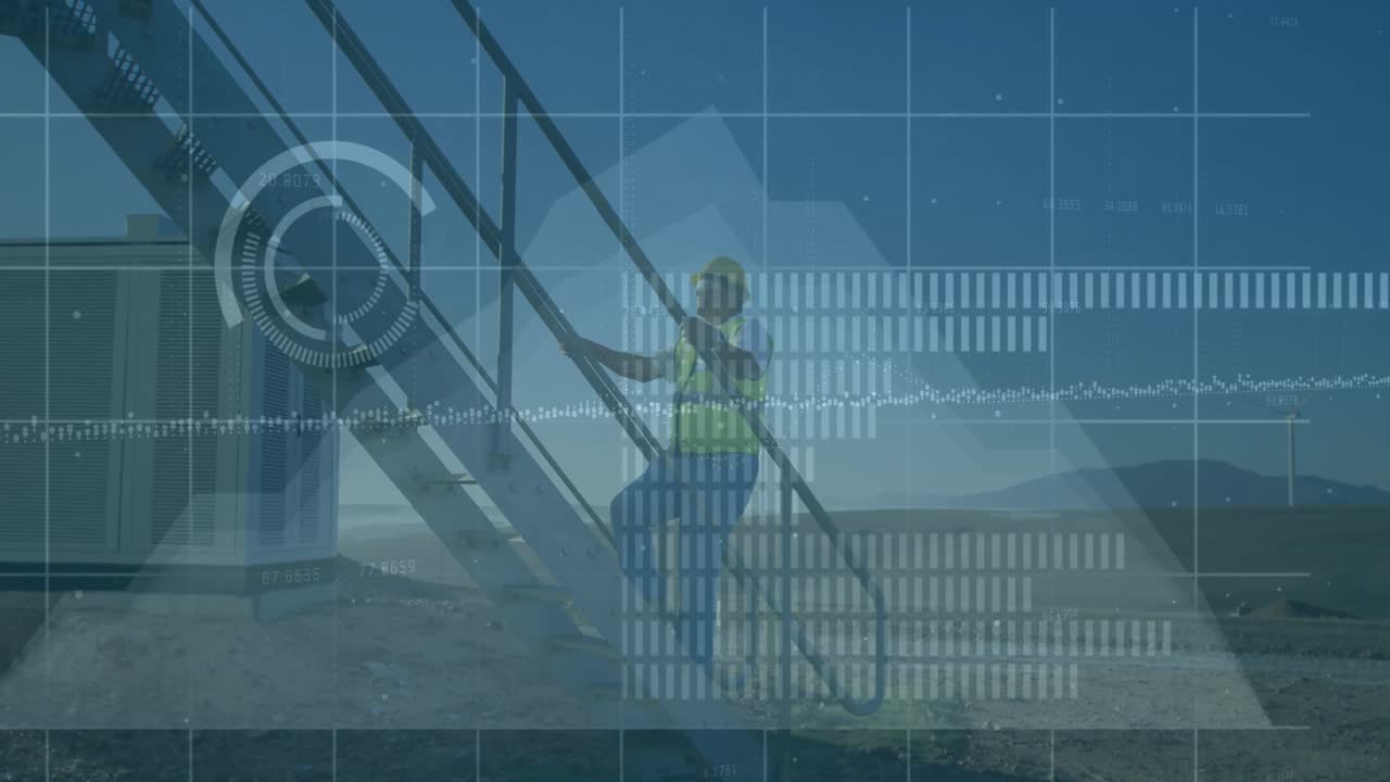 블루 배경에 풍력 터빈과 엔지니어에 대한 통계 및 데이터 처리의 애니메이션