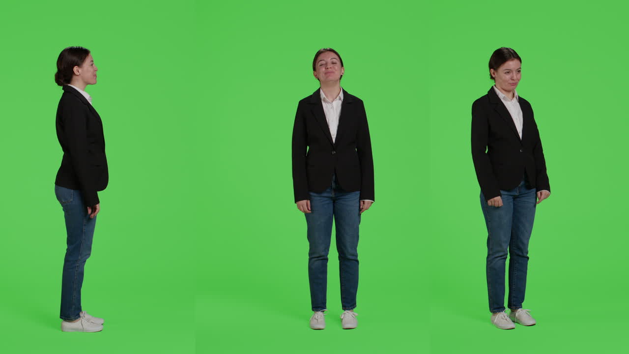 Businesswoman Poses on Green Screen in Three Views
