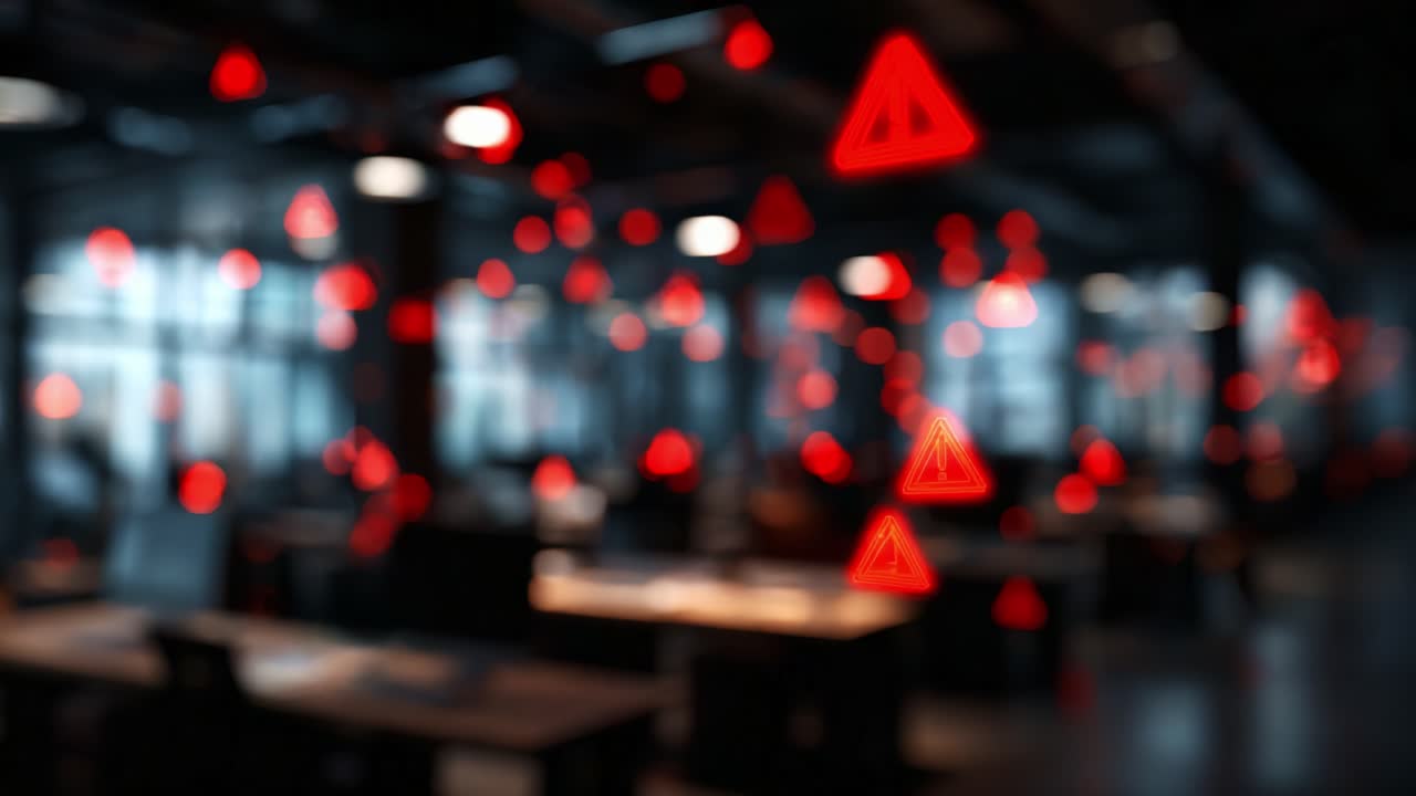 A series of glowing red alert symbols in a dimly lit workspace creates a sense of urgency and caution, capturing the atmosphere of a high-stakes environment or critical situation