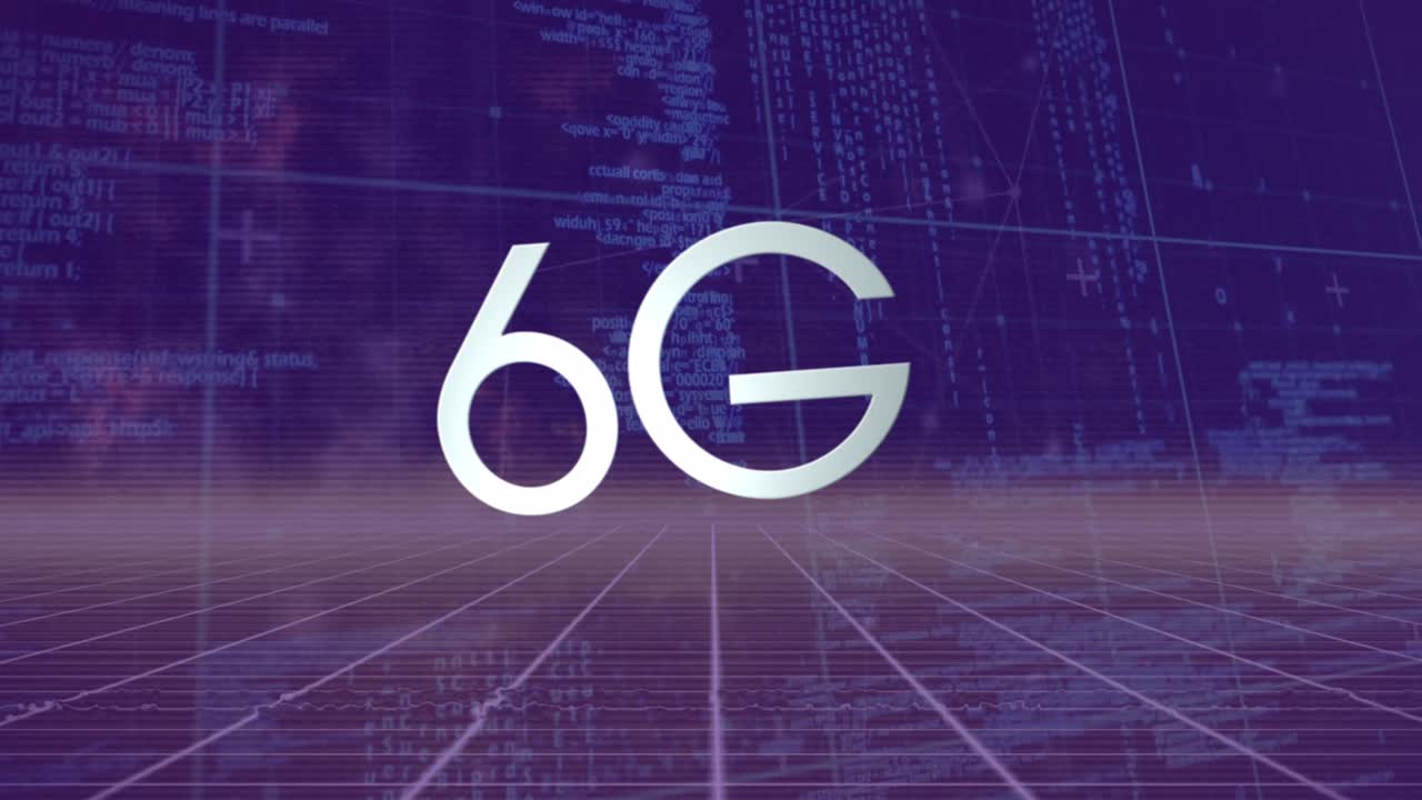 Animaatio 6G-tekstistä ja tiedonkäsittelystä mustalla taustalla.