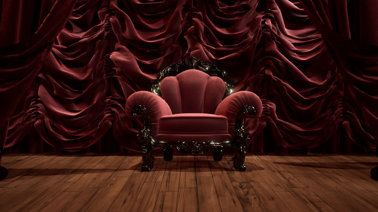 의자 가 있는 고급스러운 극장 커튼 무대