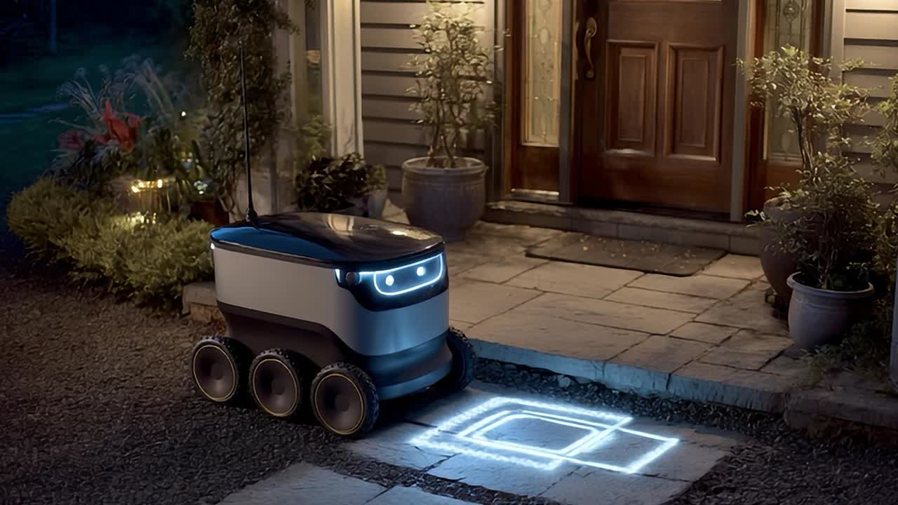 Delivery robot waiting at the doorstep on a quiet evening