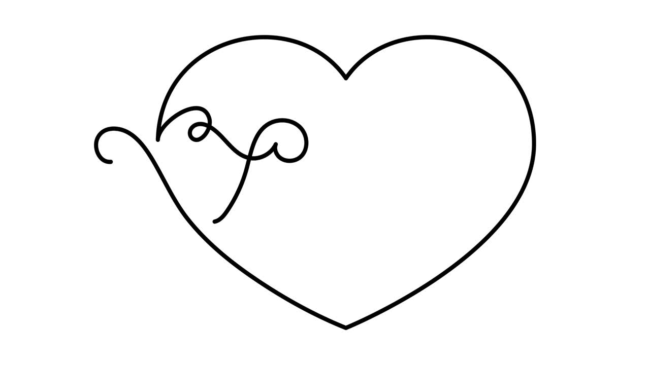 애니메이션 일러스트레이션: 연속 한 줄의 심장과 문자, 시브 텍스트, 러브 (독일어로 사랑), 손으로 그린 미니멀한 스타일, 4k 비디오