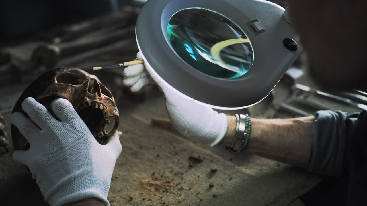 arqueólogo examinando un cráneo en un laboratorio