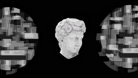 Animation-of-antique-head-sculpture-abstract-shapes-on-black-background