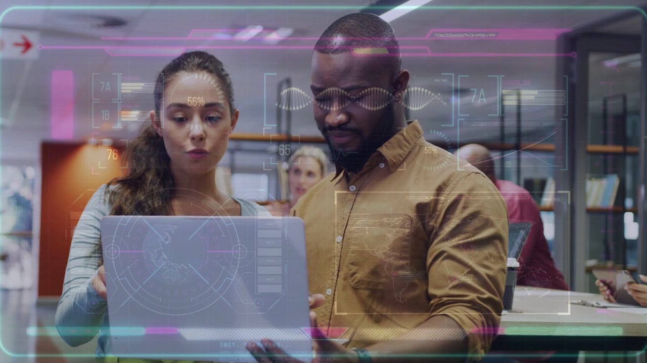 Woman pointing at laptop, man tapping pad, HUD tech overlay highlighting data, team aligning steps
