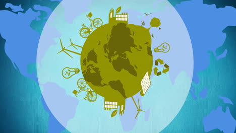 animación de iconos de ecología en el globo verde sobre el mapa del mundo azul