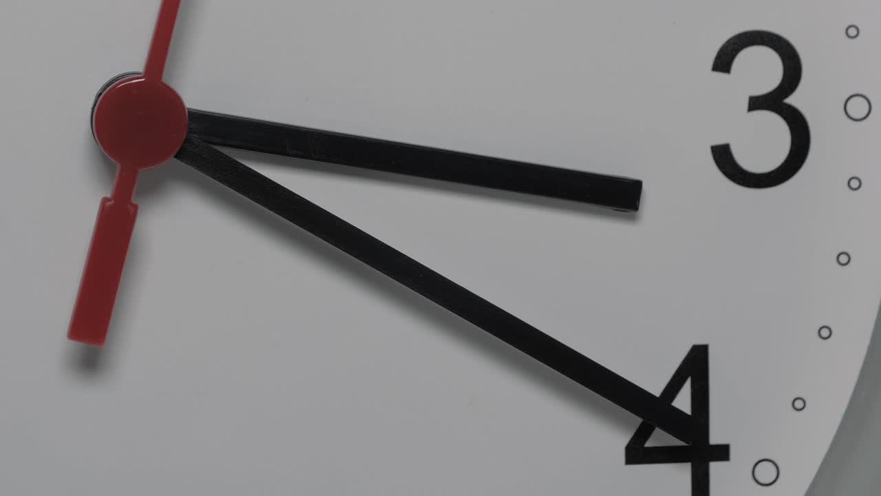 Close-up of a white clock face suggesting the passing of time. Round white clock with black Arabic numerals