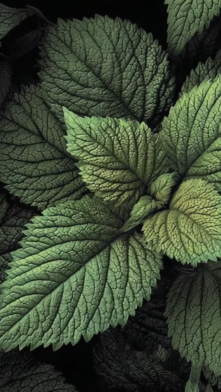 A Close-Up Exploration of Vibrant Green Leaves Showcasing Intricate Veins and Texture Against a Dark Background, Highlighting Nature's Beauty and Detail
