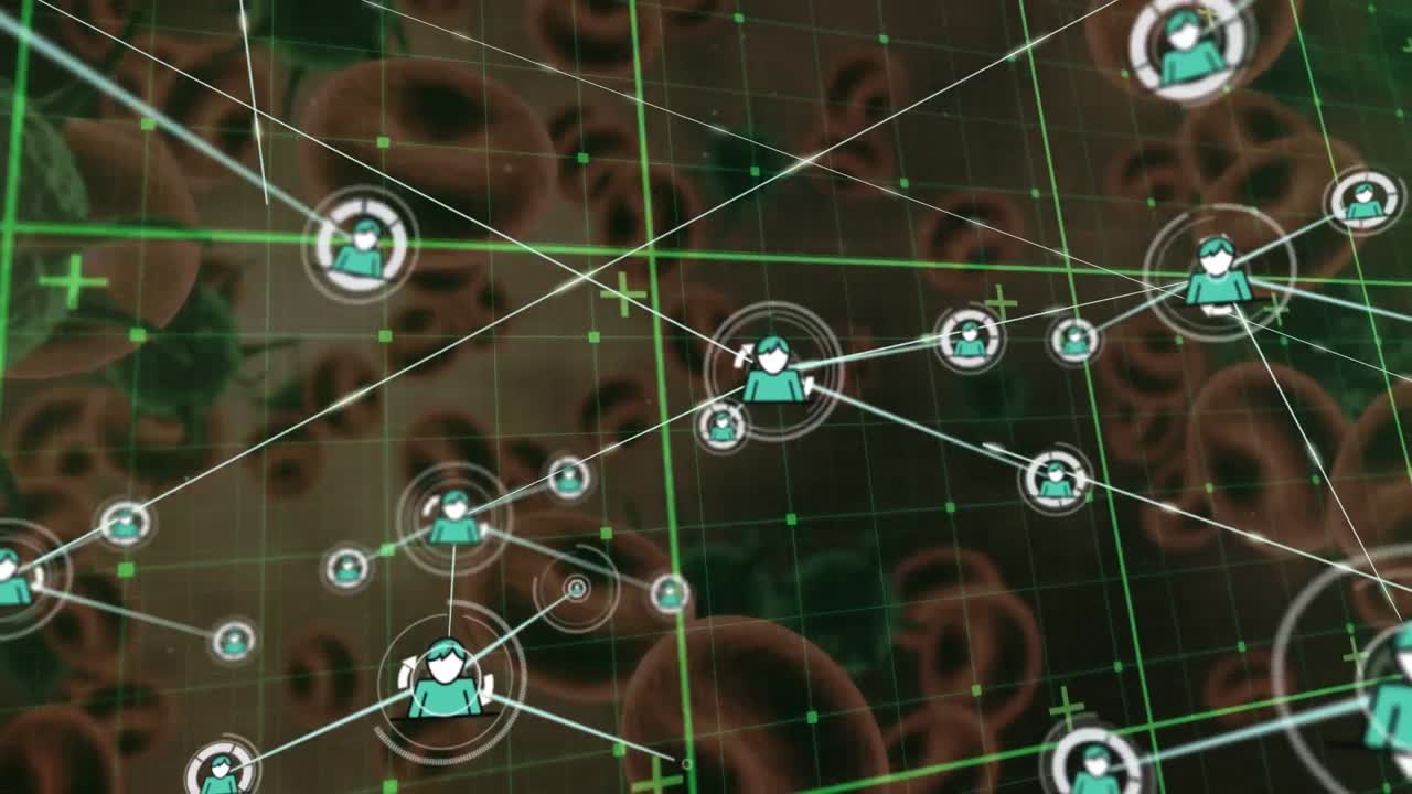 red de iconos de perfil sobre red de red contra células de covid-19 y vasos sanguíneos en fondo rojo