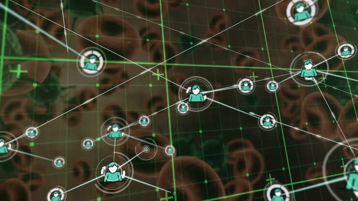 Network of profile icons over grid network against covid-19 cells and blood vessel on red background