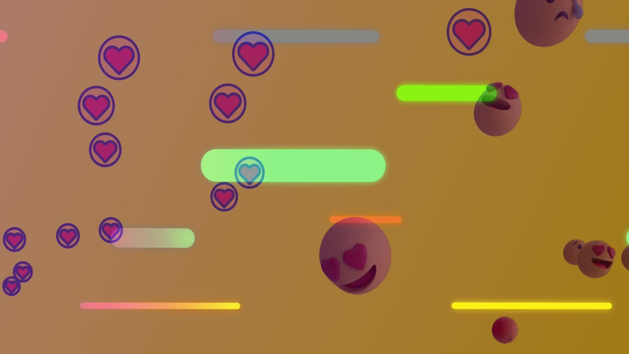 Animation of social media reactions, emoticons and colorful lines floating over orange background