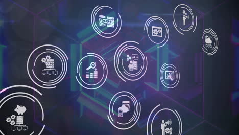 animación de iconos tecnológicos sobre túnel digital sobre fondo negro