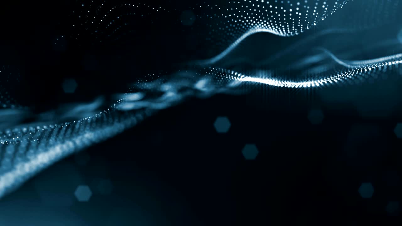 animazione 3d senza cuciture come sfondo di fantascienza digitale di particelle luminose come nel mondo nano con profondità di campo, bokeh. le particelle formano linea, griglia di superficie o spazio virtuale misterioso. nero 2