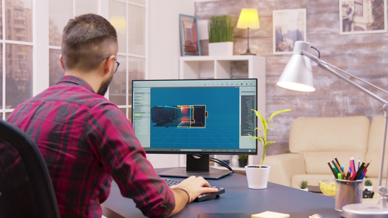 3D Designer Working on Computer in Home Office