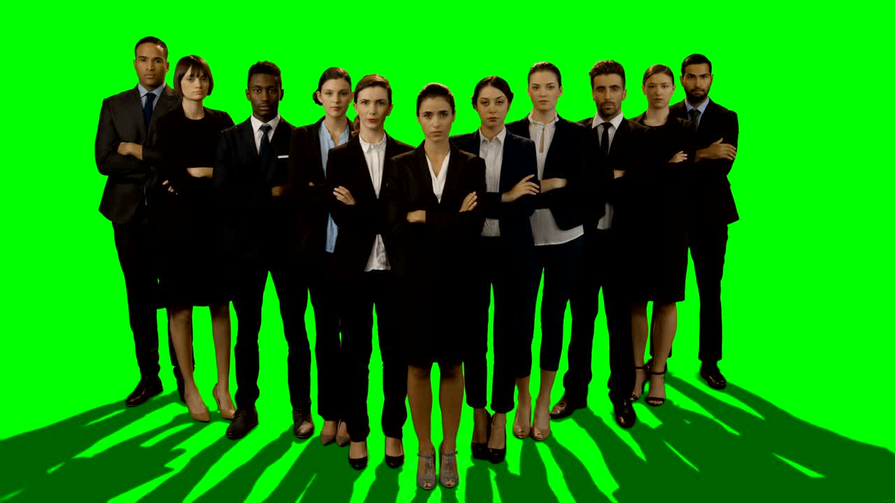 비즈니스 임원 들 의 초상화 가 팔 을  ⁇ 고 서 있다