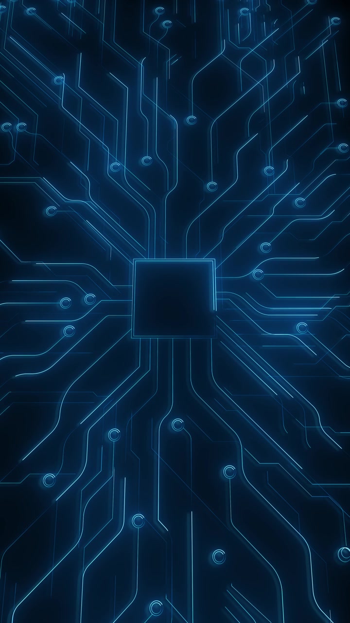 Blue circuit chip technology background with glowing processor lines electronic nodes and dark