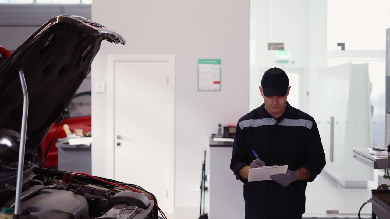 hombre en uniforme en un taller de reparación de automóviles caminando, haciendo notas en su tableta