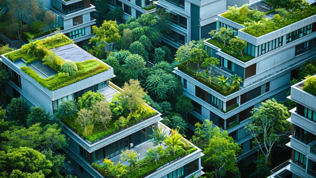 Modern Buildings with Extensive Green Rooftops and Lush Urban Greenery