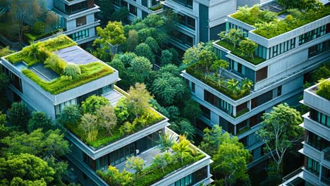 modern buildings with extensive green rooftops and lush urban greenery