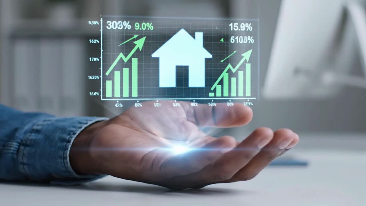 Hand Holding a Hologram of a House with Growth Charts