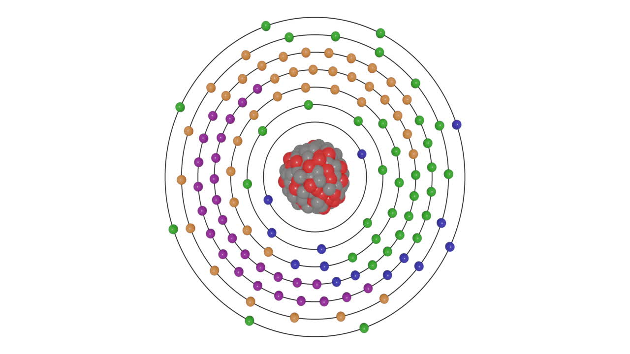 3D animation of an Oganesson (H) atom in the Bohr model with electron orbits, nucleus, protons, neutrons, and energy levels in a seamless loop. Ideal for STEM education and scientific visualization