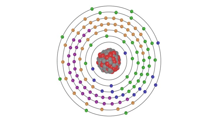 3D animation of an Oganesson (H) atom in the Bohr model with electron orbits, nucleus, protons, neutrons, and energy levels in a seamless loop. Ideal for STEM education and scientific visualization