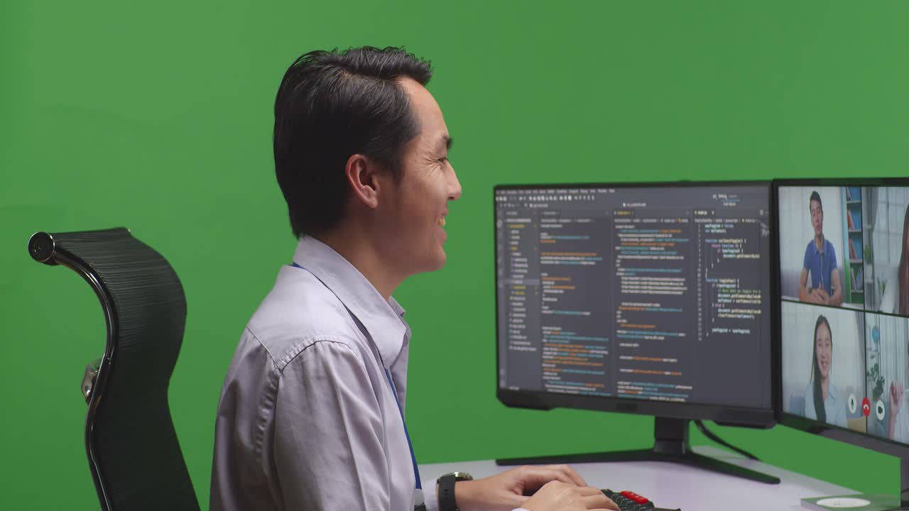 Man Working on Video Conference and Coding