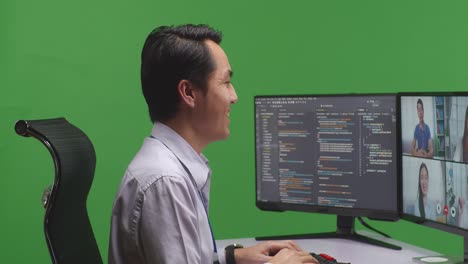 man working on video conference and coding