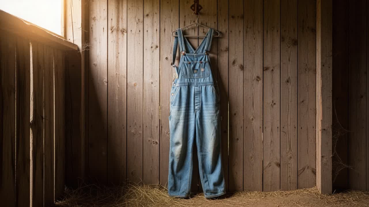 A Pair of Vintage Denim Overalls Hanging in a Rustic Barn Setting, Capturing the Essence of Country Life and Nostalgic Workwear Style in Natural Lighting