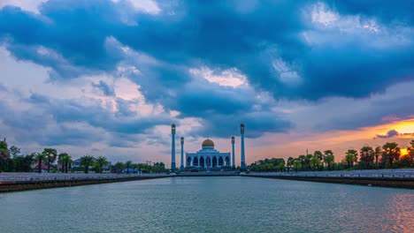 beautiful landscape sunset with rain cloud at the central mosque of songkhla, hat yai, songkhla, thailand.