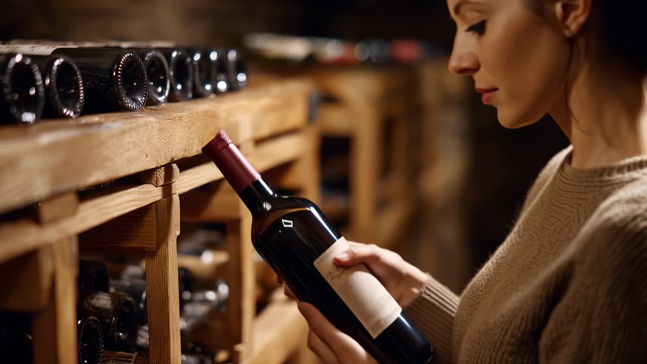 Mani accarezzano delicatamente una bottiglia di vino scura. La luce soffusa mette in risalto il vetro e l'etichetta. Scaffali di legno contengono file di bottiglie sullo sfondo. La persona appare calma, concentrata e curiosa. Ideale per una degustazione di vini.