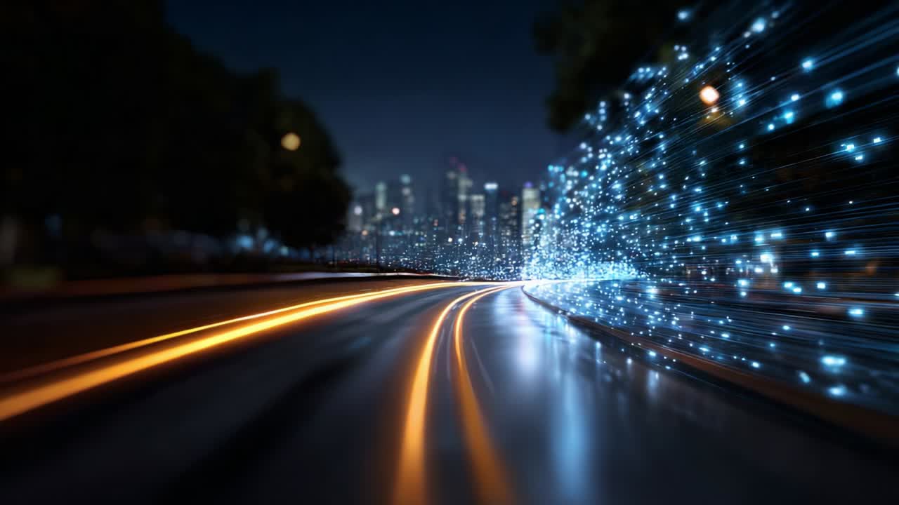 A captivating nighttime scene showcasing vibrant light trails and luminous particles flowing along a winding road, creating a mesmerizing effect of motion amidst a bustling urban skyline backdrop