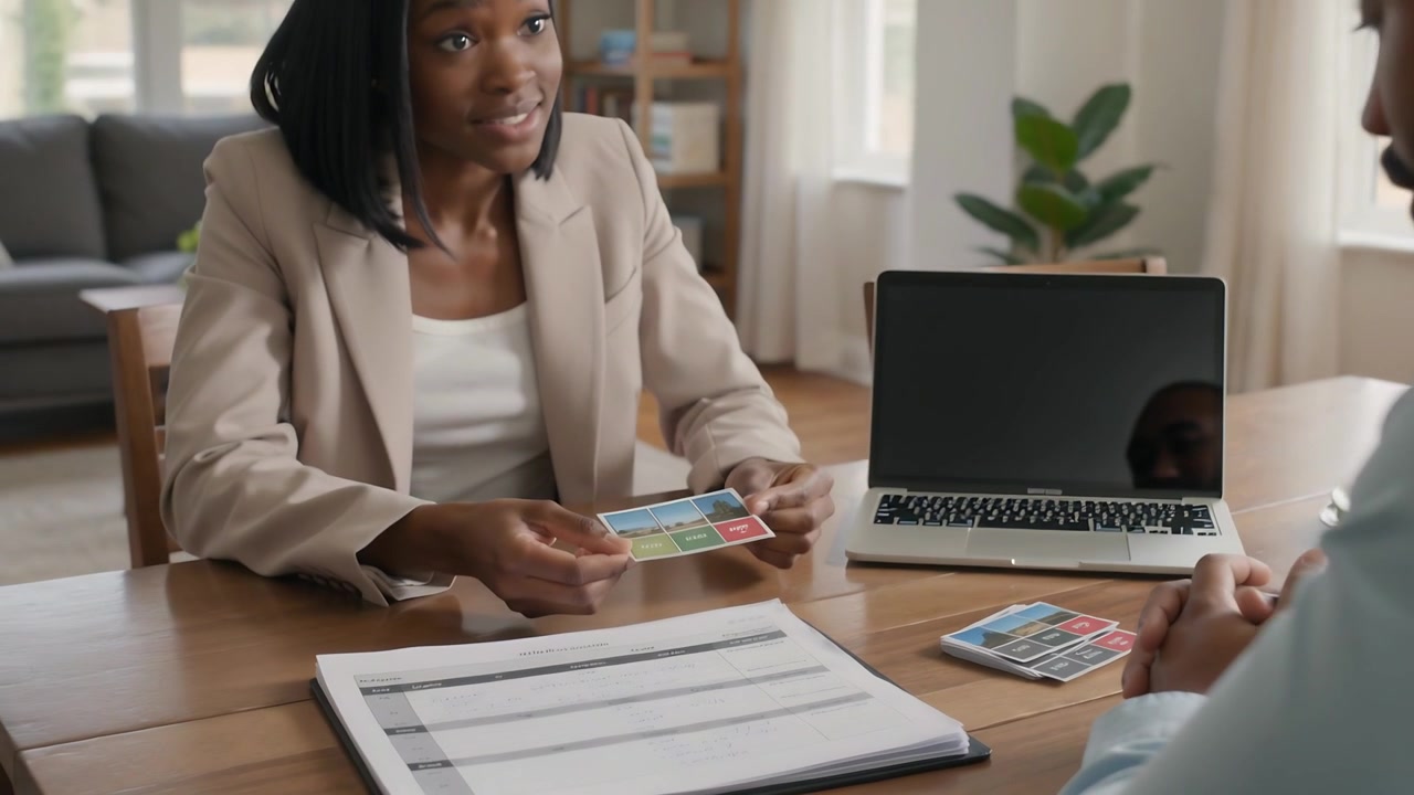 Picking colorful card, blazer advisor presenting panels explaining options at home table, worksheet