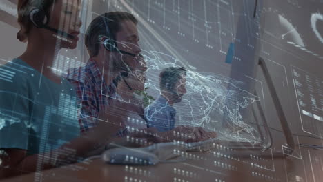 animation of financial data processing over business people working in office